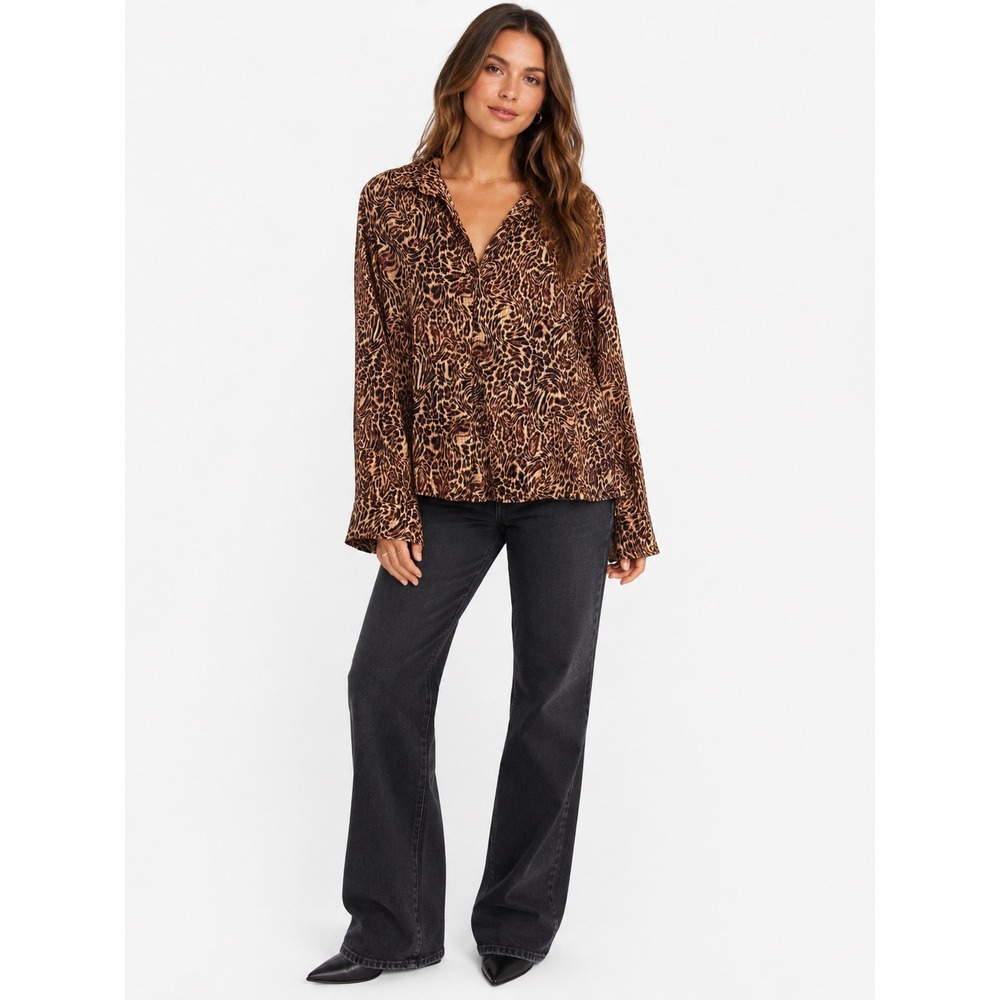 Inner Circle Button Down Shirt Womens 2X Brown Leopard Print Pleated Plisse Boho